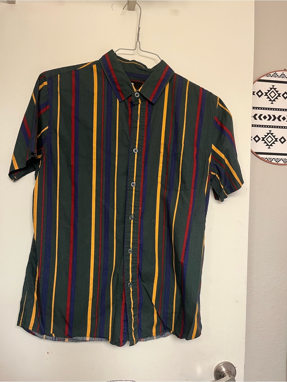 Men's Short-Sleeve Stripe Button-Up Shirt - Green/Yellow/Blue